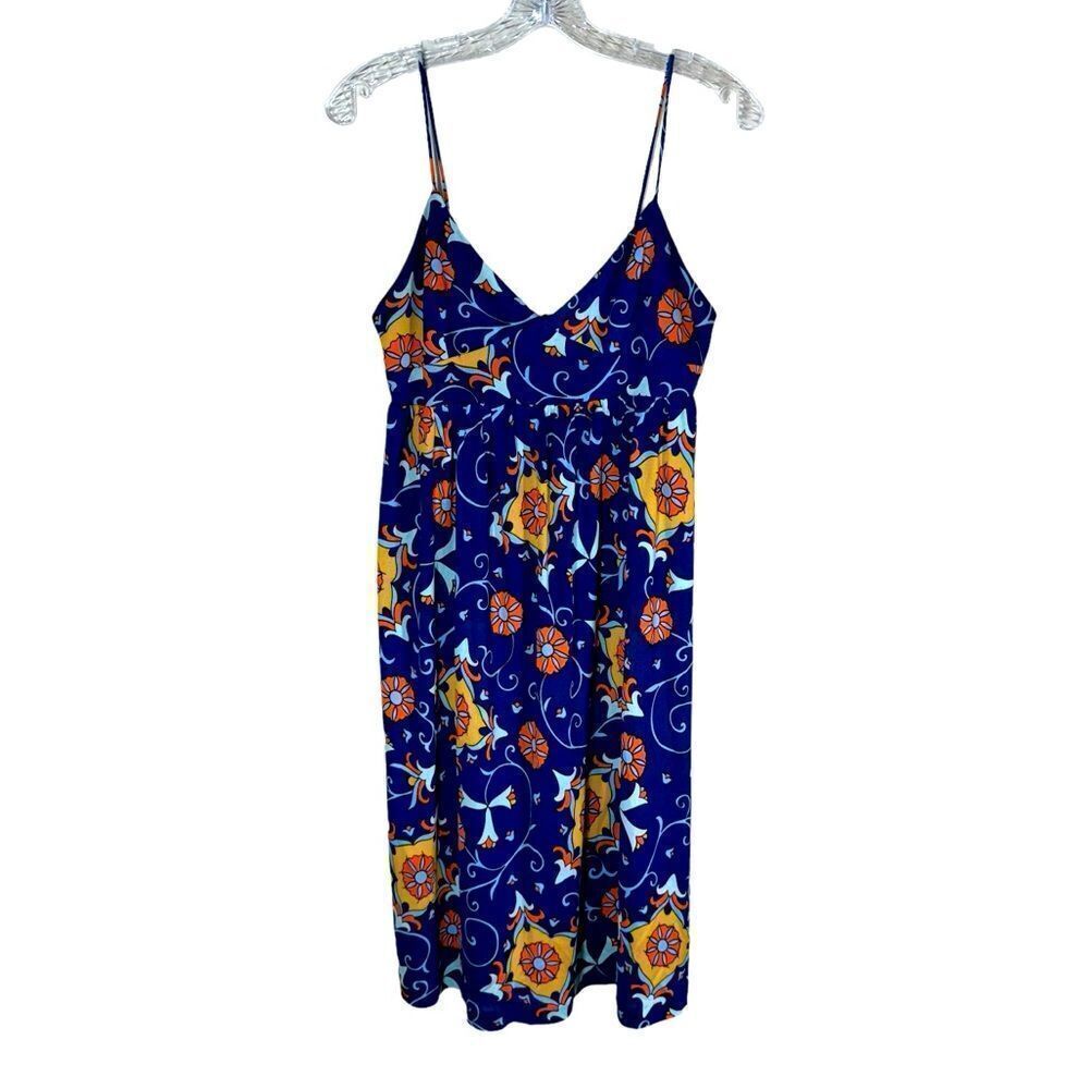 Nieves Lavi Floral Silk Baby Doll Summer Dress Retro Print Size 4 in Navy Blue